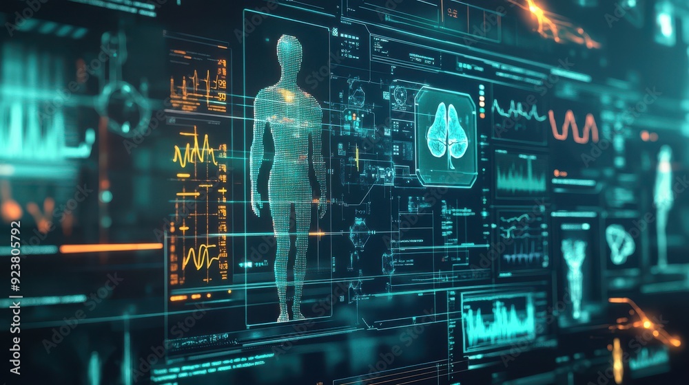 An AI-powered healthcare system with glowing medical data visualizations, symbolizing advanced diagnostics and treatment, flat design illustration An AI-powered healthcare system with glowing medical data visualizations, symbolizing advanced diagnostics and treatment, flat design illustration
