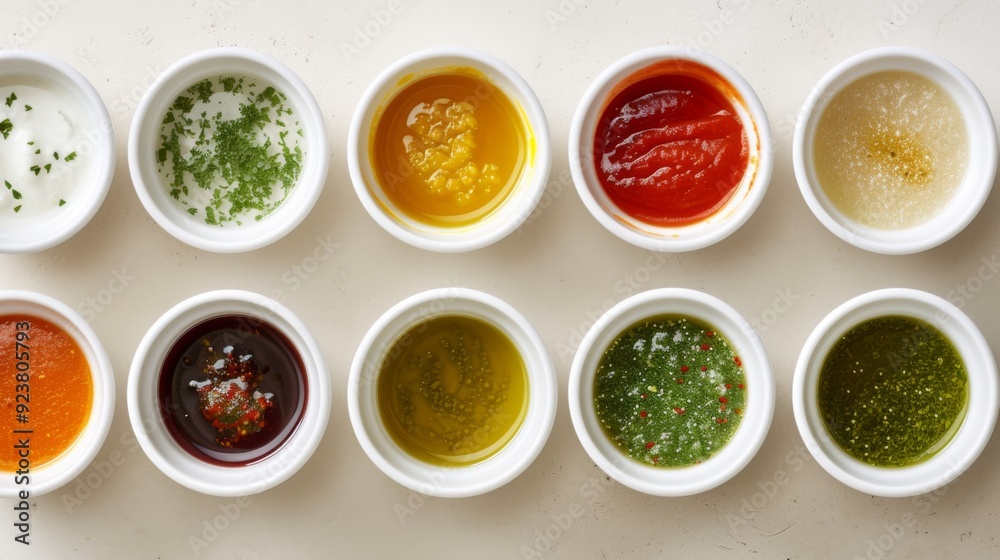 Colorful sauces in small, white bowls, each with a distinct texture and color, on a clean, neutral surface Colorful sauces in small, white bowls, each with a distinct texture and color, on a clean, neutral surface