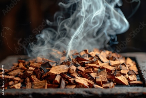 Close-up of wood chips smoldering in a smoker box, with wisps of smoke curling upwards against a dark, rustic background photo