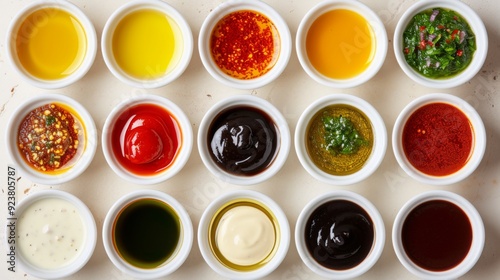 Wallpaper Mural Colorful sauces in small, white bowls, each with a distinct texture and color, on a clean, neutral surface Torontodigital.ca