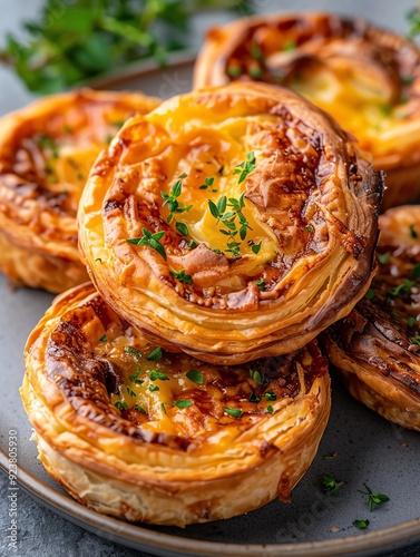 Close-up of savory ham and cheese quiches on a plate. photo