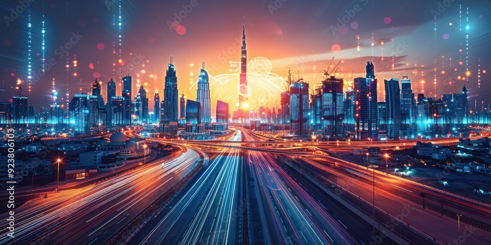 Obraz premium Modern Cityscape with Digital Overlay