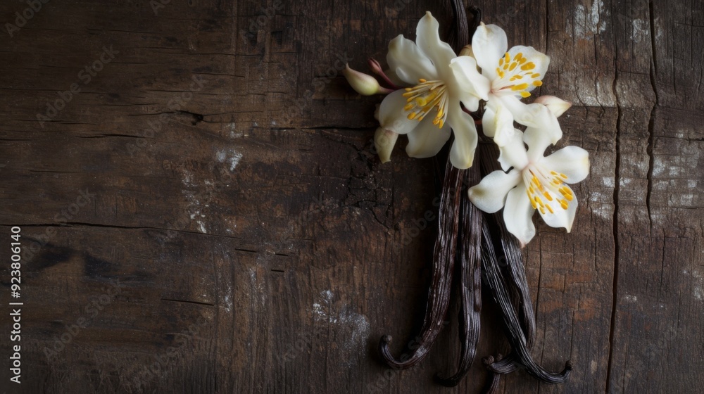 White vanilla flowers on a rustic wooden surface