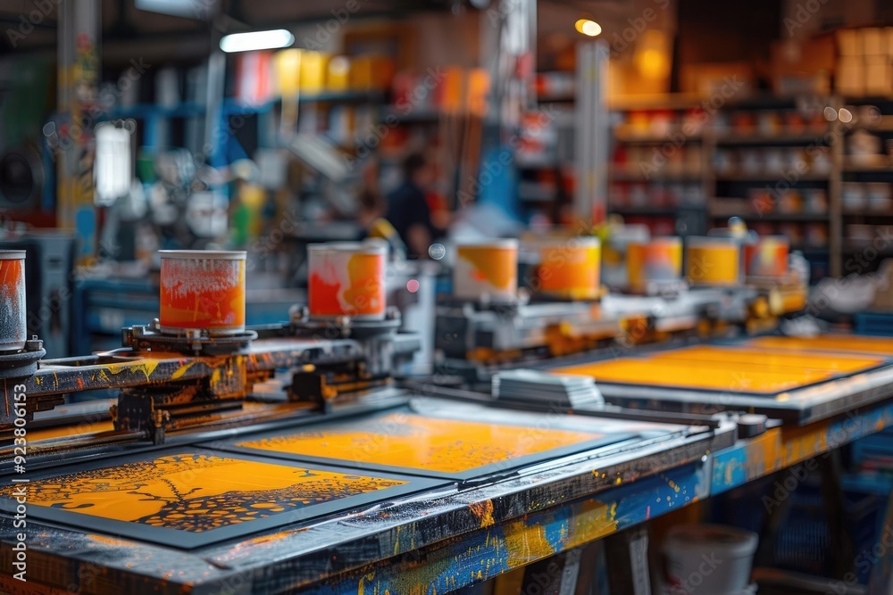 Screen printing setup with multiple screens ready for use, with the background subtly showcasing the organized chaos of a busy print shop Screen printing setup with multiple screens ready for use, with the background subtly showcasing the organized chaos of a busy print shop