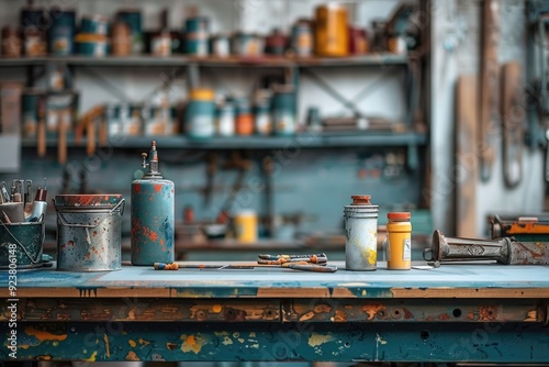 Screen printing supplies neatly arranged on a workbench, with a softly blurred industrial background giving context to the tools of the trade