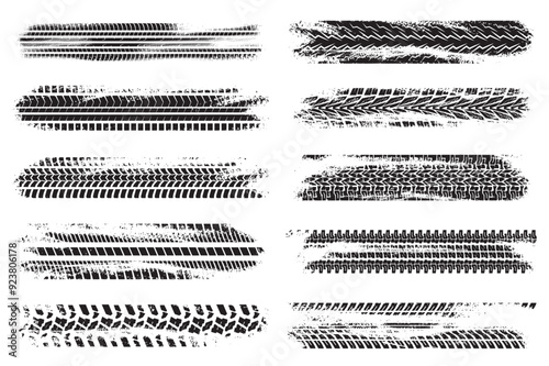 Grunge tire tracks mega set elements in flat graphic design. Bundle objects of abstract black wheels tread, motorcycle or car messy trails, road dirty rubber texture effect. Vector illustration.
