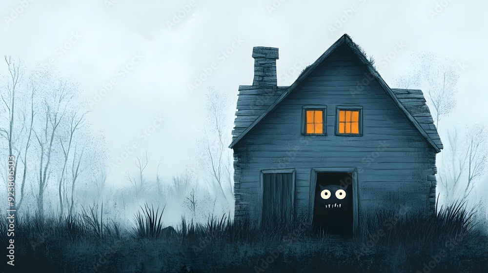 Creepy Haunted House in Misty Forest with Eerie Glowing Eyes Peering Out Creepy Haunted House in Misty Forest with Eerie Glowing Eyes Peering Out