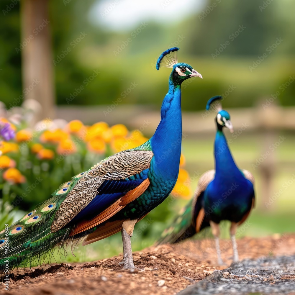 Obraz premium A majestic peacock arriving in a garden, displaying its feathers, while another departs, its beauty fading into the distance