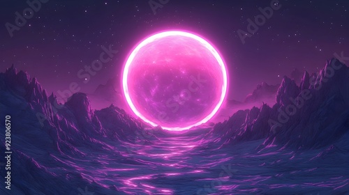 Glowing Purple Aura in Midnight Landscape with Floating Moon and Silhouetted Mountains photo