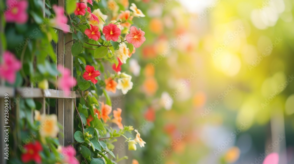 A flowering vine climbing up a trellis A flowering vine climbing up a trellis