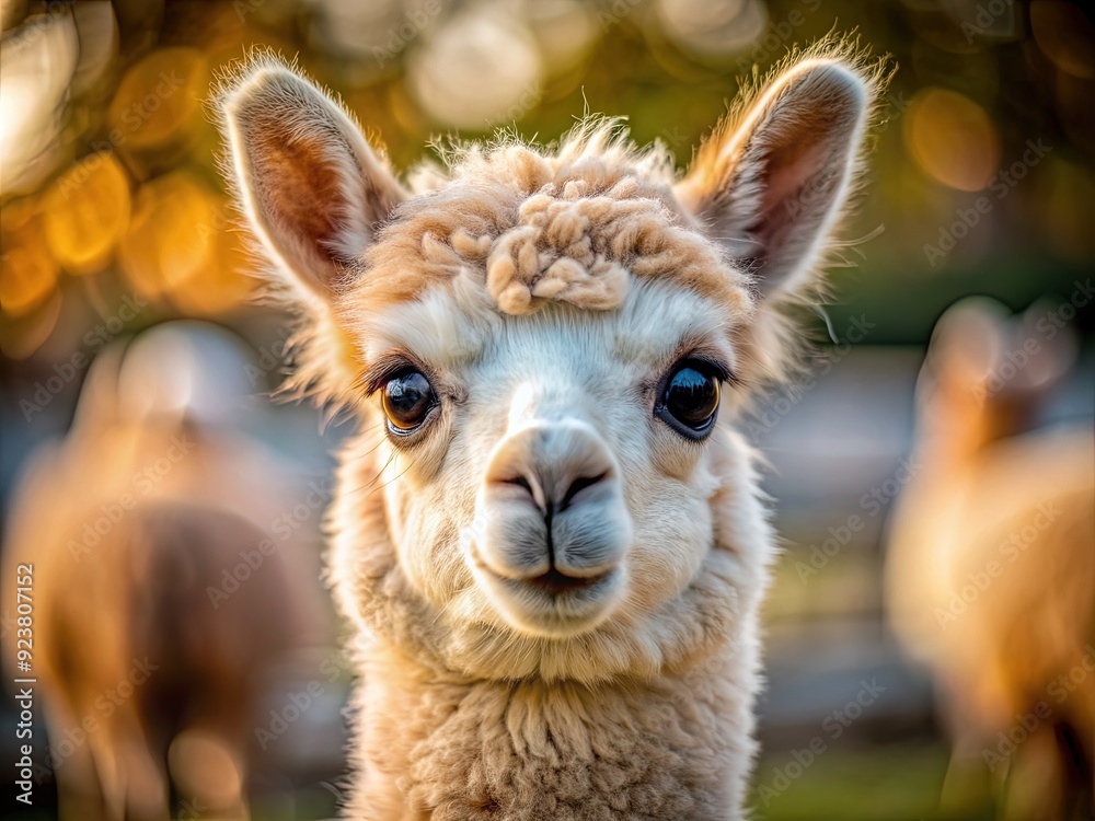 Obraz premium Adorable alpaca with soft fur and big eyes gazes directly into the camera, its gentle face filling the frame with selective focus blurring the background.