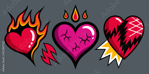 Broken heart gothic vector icon set, love sign rock gothic sticker, cracked grunge shapes, flame. Emo romance trendy print, y2k Valentine Day graffiti 90s art, breakup tattoo. Broken heart silhouette 