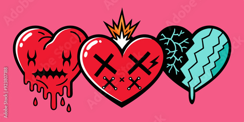 Broken heart gothic vector icon set, love sign rock gothic sticker, cracked grunge shapes, flame. Emo romance trendy print, y2k Valentine Day graffiti 90s art, breakup tattoo. Broken heart silhouette 