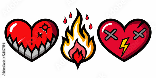 Broken heart gothic vector icon set, love sign rock gothic sticker, cracked grunge shapes, flame. Emo romance trendy print, y2k Valentine Day graffiti 90s art, breakup tattoo. Broken heart silhouette 