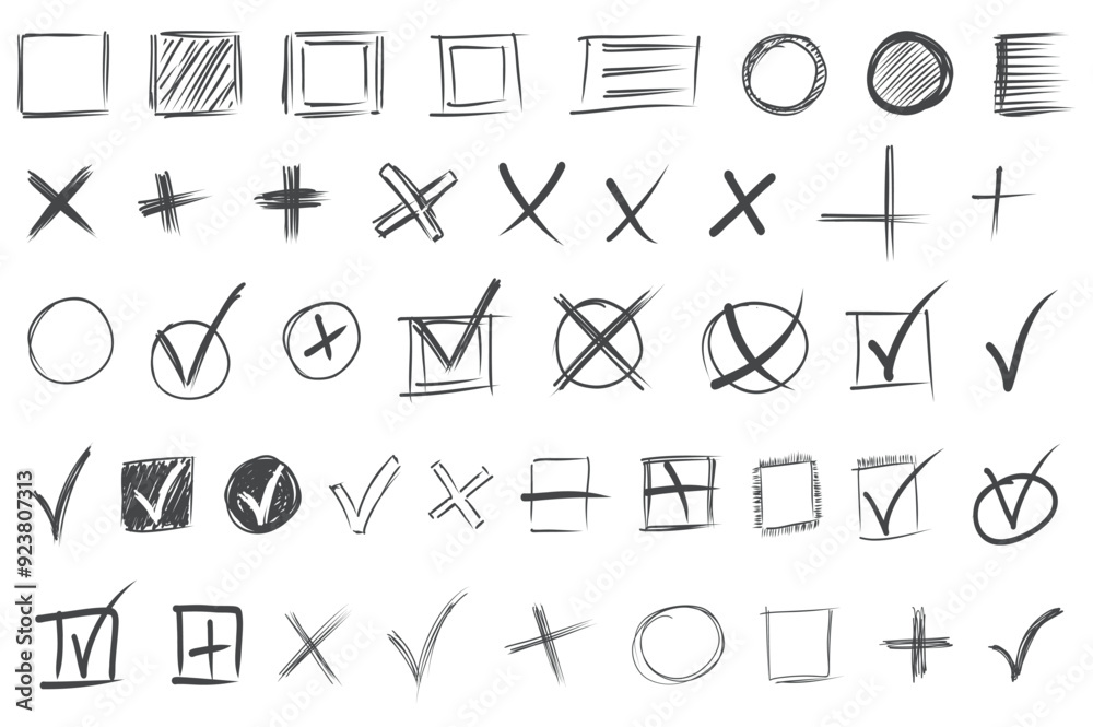 Hand drawn check marks mega set elements in flat graphic design. Bundle objects of black scribble pencil checkboxes, chalk tick and cross symbols in squares or circles forms. Vector illustration. Hand drawn check marks mega set elements in flat graphic design. Bundle objects of black scribble pencil checkboxes, chalk tick and cross symbols in squares or circles forms. Vector illustration.