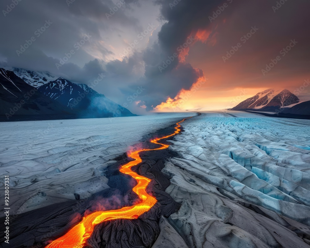 Fototapeta premium A hot lava field cooling into solid rock beside a glacier slowly melting, symbolizing transformation vs. endurance