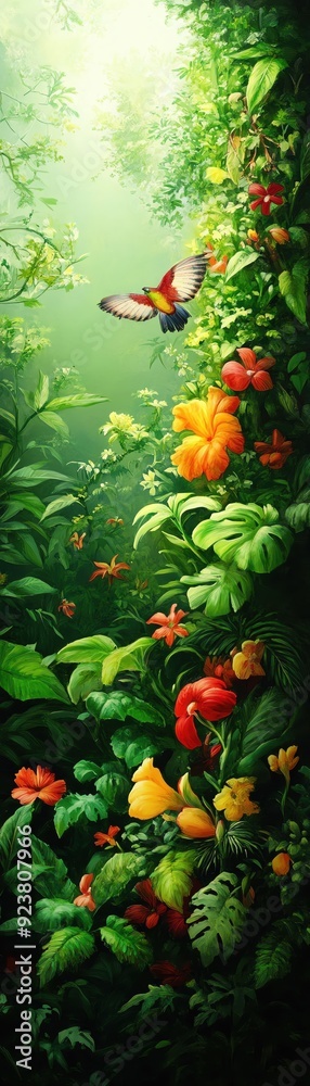 Fototapeta premium Lush garden with vibrant flowers and a butterfly, showcasing the beauty of nature in a serene, sunlit environment.