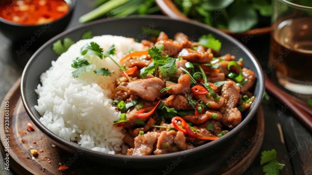 Spicy stir-fried pork, garnished with fresh herbs and served with steamed rice Spicy stir-fried pork, garnished with fresh herbs and served with steamed rice