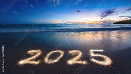 spark 2025 text on the beach, new year concept
