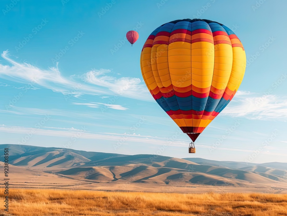 Obraz premium A colorful hot air balloon arriving gently at a landing site, while another ascends into the sky, carrying dreams and aspirations