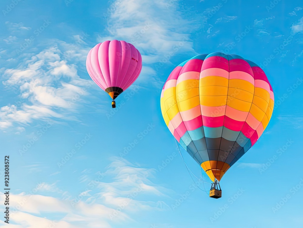 A colorful hot air balloon arriving gently at a landing site, while another ascends into the sky, carrying dreams and aspirations