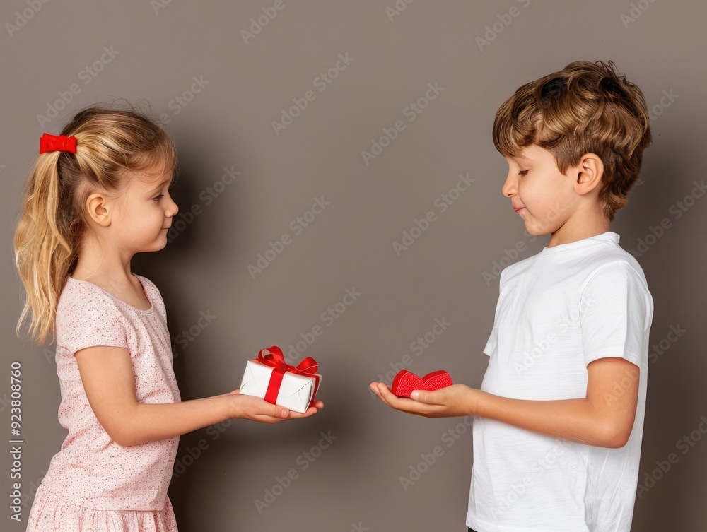 A child accepting a gift with joy, while another turns away from an unwanted present, showing gratitude vs. displeasure A child accepting a gift with joy, while another turns away from an unwanted present, showing gratitude vs. displeasure