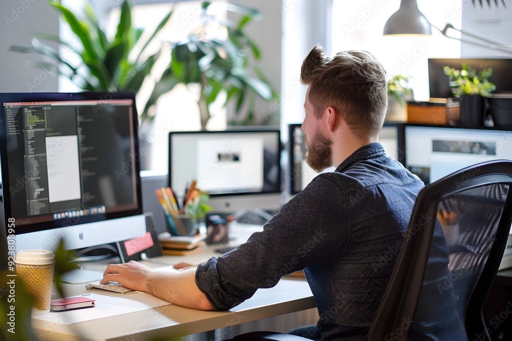 Programmer Working on a Computer in an Office. Programmer Working on a Computer in an Office.