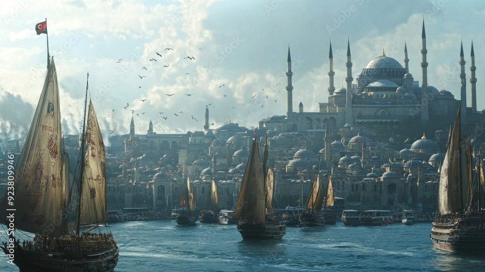 Obraz premium A stunning view of a historic city with sailing boats gliding on the water. The architecture is magnificent with domes and minarets. This image captures a serene moment in time. AI