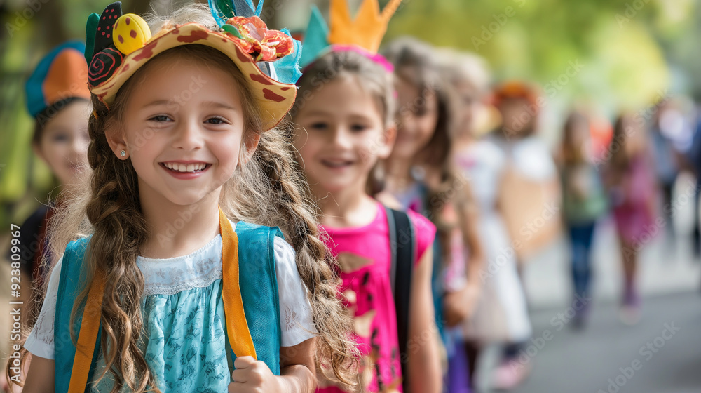A line of children in creative costumes, parading through the school, filled with pride and happiness. Creation, School Spirit, Joy A line of children in creative costumes, parading through the school, filled with pride and happiness. Creation, School Spirit, Joy