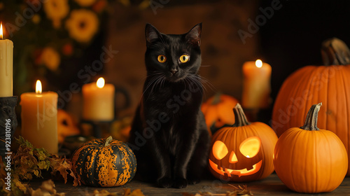 A black cat sitting gracefully amidst pumpkins and candles, evoking the mystique and tradition of Halloween. Culture, Superstition, Elegance