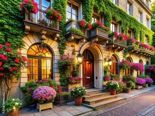 Charming boutique hotel facade bathed in warm spring light, adorned with blooming flowers and lush greenery, exuding elegance and sophistication in a historic setting.