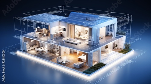 vision of architecture of a 3d model house project with blueprint