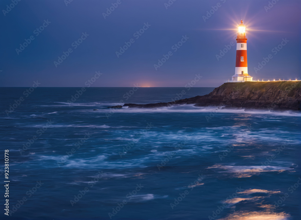 Majestic Lighthouse Illuminating The Sea At Dusk With Gentle Waves Crashing Against Rocky Shoreline Majestic Lighthouse Illuminating The Sea At Dusk With Gentle Waves Crashing Against Rocky Shoreline