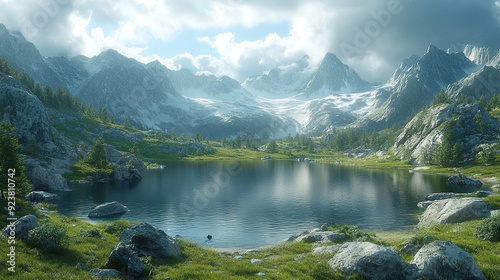 Alpine lake with a backdrop of towering, rugged mountains