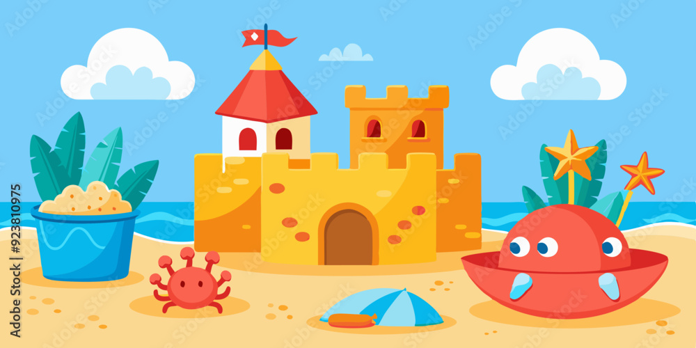 3D sand castle set, beach summer vacation vector clipart kit, kid bucket, red crab, starfish, ball. Cartoon ocean sea shore tower, tropical season object, gull, shell, children game. Coast sand castle 3D sand castle set, beach summer vacation vector clipart kit, kid bucket, red crab, starfish, ball. Cartoon ocean sea shore tower, tropical season object, gull, shell, children game. Coast sand castle