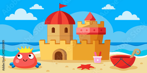 3D sand castle set, beach summer vacation vector clipart kit, kid bucket, red crab, starfish, ball. Cartoon ocean sea shore tower, tropical season object, gull, shell, children game. Coast sand castle