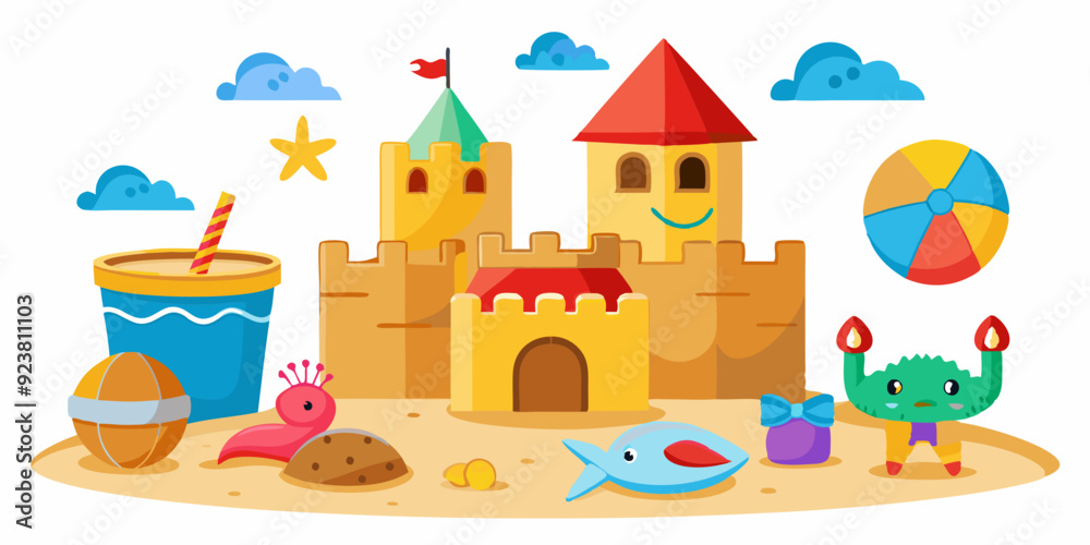 3D sand castle set, beach summer vacation vector clipart kit, kid bucket, red crab, starfish, ball. Cartoon ocean sea shore tower, tropical season object, gull, shell, children game. Coast sand castle 3D sand castle set, beach summer vacation vector clipart kit, kid bucket, red crab, starfish, ball. Cartoon ocean sea shore tower, tropical season object, gull, shell, children game. Coast sand castle