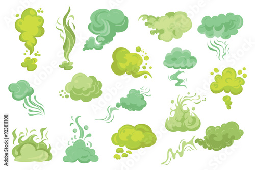 Smelly smoke mega set elements in flat graphic design. Bundle objects of green poison clouds with trails, toxic gas bubbles, cartoon bad stink, unpleasant smell vapour effect. Vector illustration.