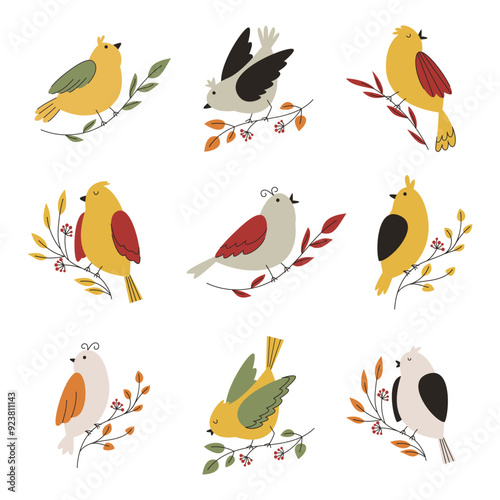 Birds sitting on the branches of autumn trees large set. Autumn birds with beautiful wings. Hand drawn vector illustration for postcard design, clothes, notebook cover.