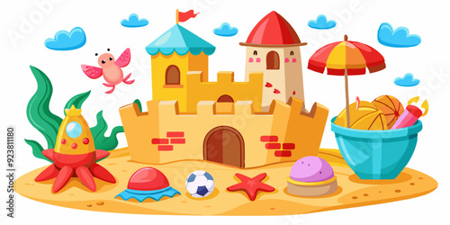 3D sand castle set, beach summer vacation vector clipart kit, kid bucket, red crab, starfish, ball. Cartoon ocean sea shore tower, tropical season object, gull, shell, children game. Coast sand castle