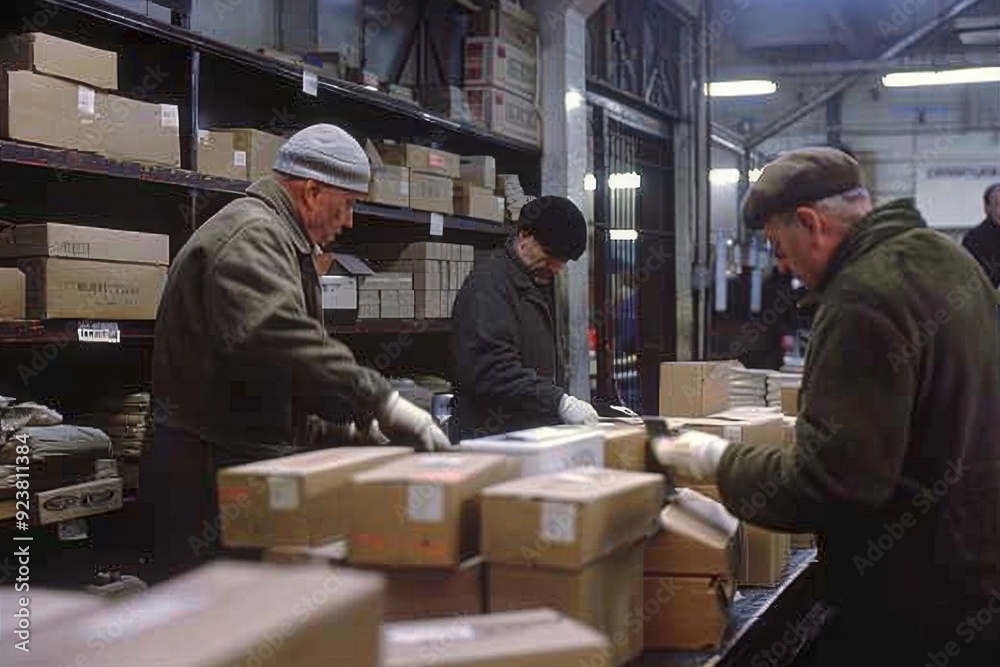 Elderly men in jackets and hats working in a warehouse on a conveyor belt. Horizontal Elderly men in jackets and hats working in a warehouse on a conveyor belt. Horizontal
