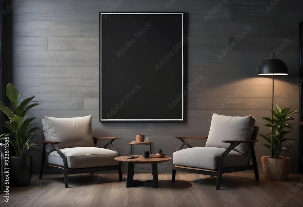 A modern living room with a large black frame on A modern living room with a large black frame on