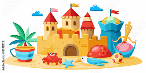 3D sand castle set, beach summer vacation vector clipart kit, kid bucket, red crab, starfish, ball. Cartoon ocean sea shore tower, tropical season object, gull, shell, children game. Coast sand castle