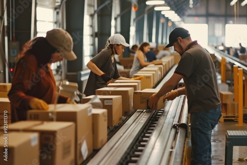 Men and women in warm clothes and hard hats work in a warehouse on a conveyor belt. Horizontal