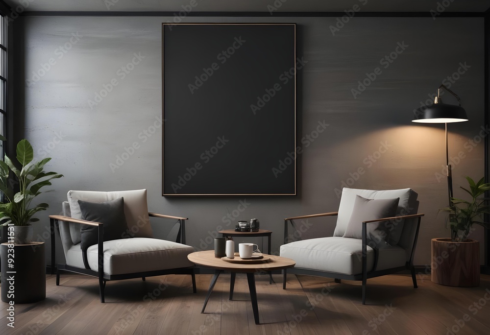 Fototapeta premium A modern living room with a large black frame on