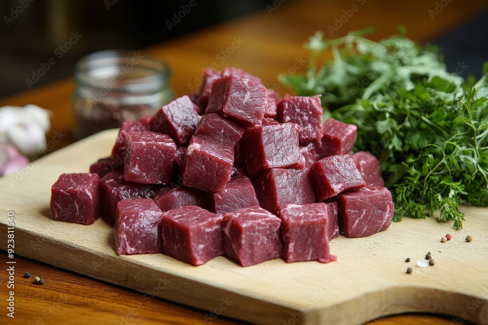 Fresh Cubed Beef on Wooden Cutting Board with Herbs and Spices