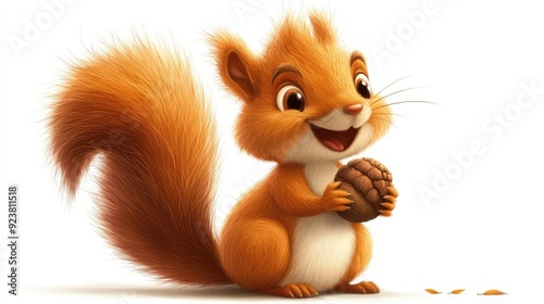 A happy cartoon squirrel with a bushy tail, holding an acorn in its paws.