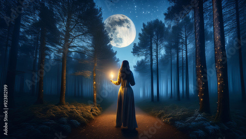 Wide angle composition of a girl holding a candle from behind in a foggy forest at night under the stars and moon