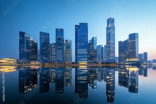 Tall buildings reflect the last rays of dusk light on the waterfront, creating a vibrant cityscape filled with color and shimmering reflections