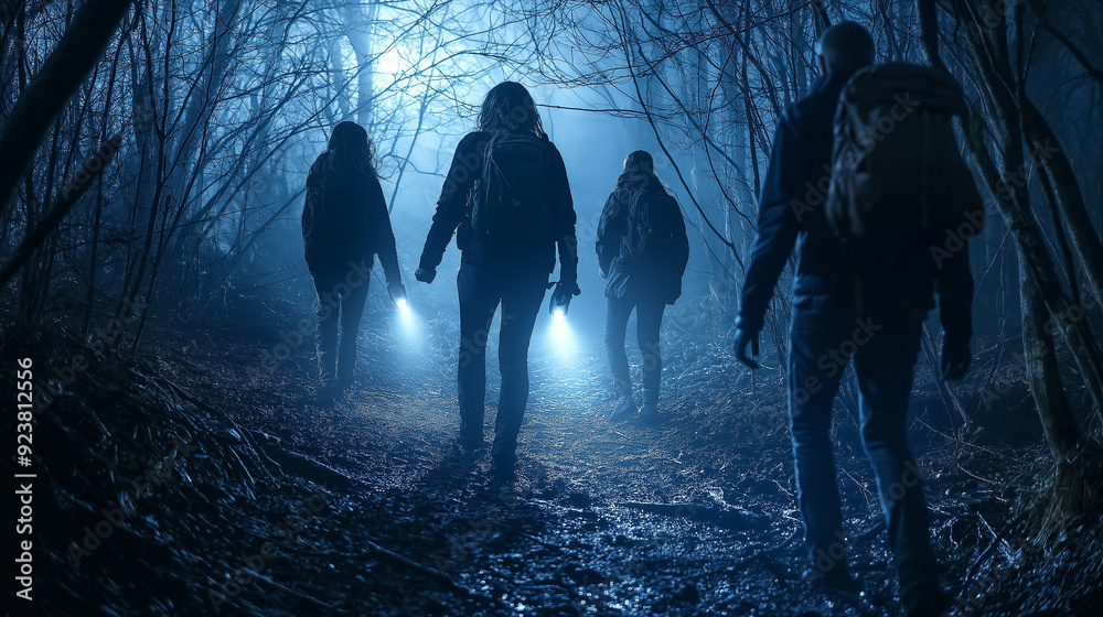 Friends exploring a spooky, fog-covered forest at night, with flashlights illuminating their path, capturing the thrill and mystery. Culture, Adventure, Bonding Friends exploring a spooky, fog-covered forest at night, with flashlights illuminating their path, capturing the thrill and mystery. Culture, Adventure, Bonding